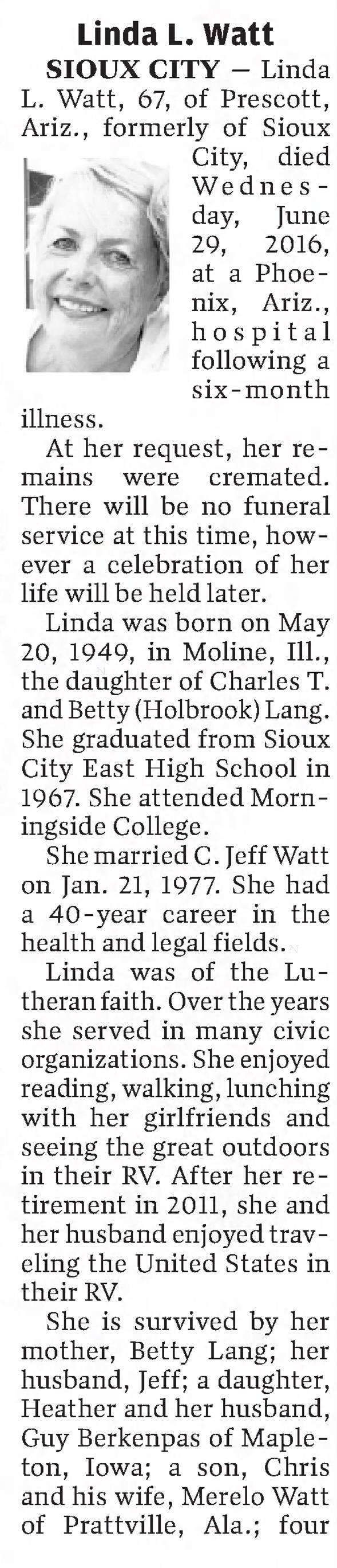 Obituary for Linda L. Watt, 1949-2016 (Aged 67)